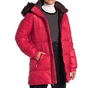 RACHEL RAY Faux Fur Trim Hooded Zip Puffer Jacket
